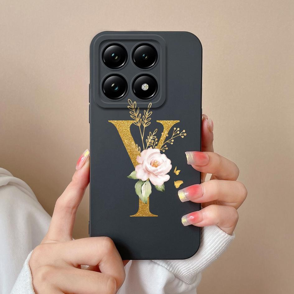 Liquid Soft Silicone Bumper For Xiaomi 14T Pro 5G 14 T Cover Pretty 26 Flower Letters Cases Anti Drop Housing Phone Shell Fundas