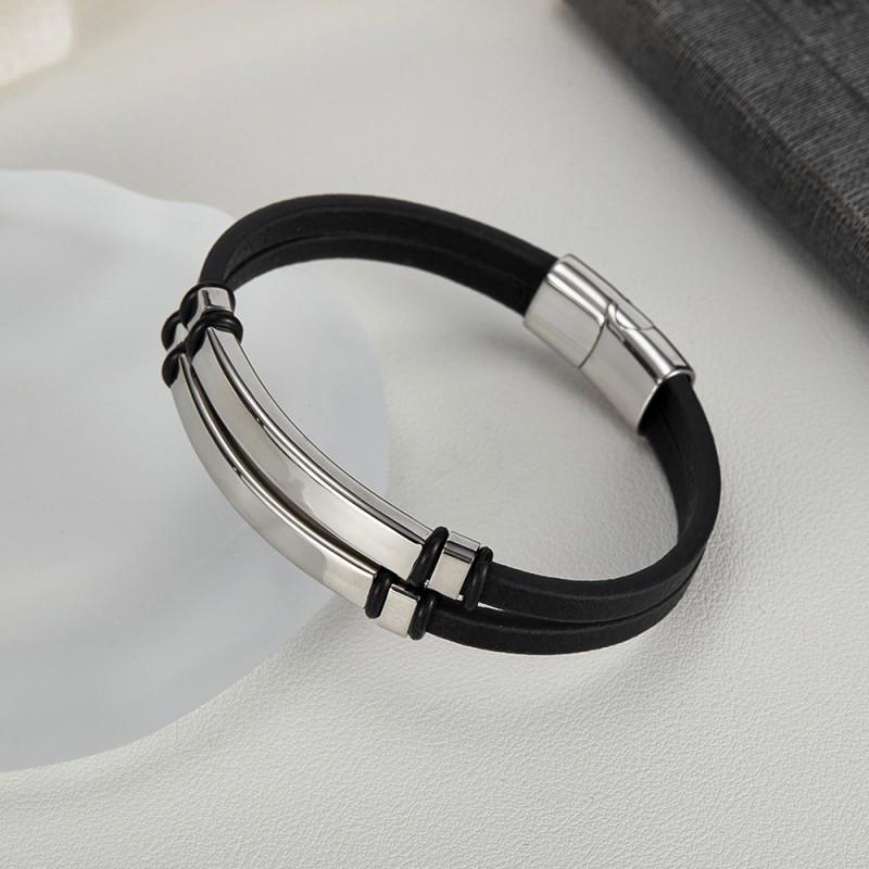 Simple Stylish Smooth Wristband With Engraved Letters Made Of Stainless Steel Double-layer Woven Leather Bracelet
