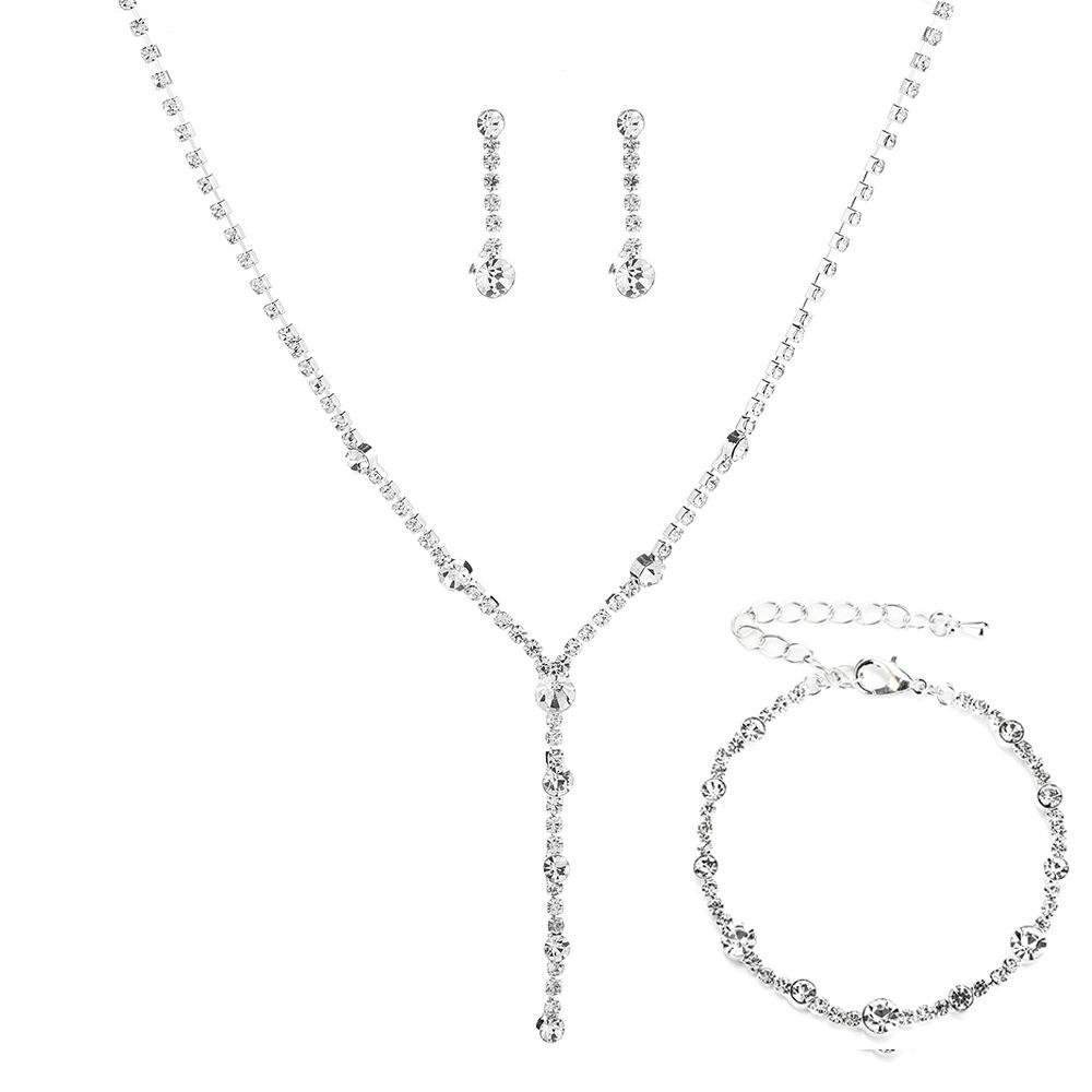 Stříbrná vodní diamantová šperková sada: Dámské náušnice, náhrdelník a náramek - Jednoduché třídílné svatební doplňky
