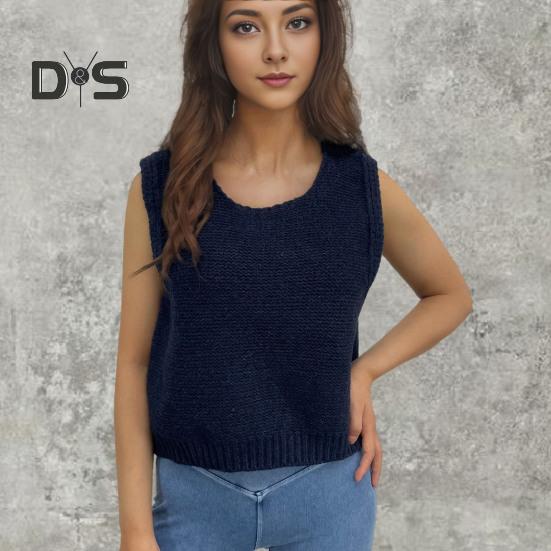 Women Knitted Vest Round Neck Sleeveless Crop Tank Back Bow Tie Decor Hollow Back Solid Color Sweater Vest