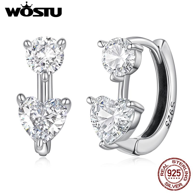 WOSTU 925 Sterling Silver Heart Round AAA Zircon Wedding Stud Earrings Love Shape Drop Earrings Hypoallergenic Valentine’s Day
