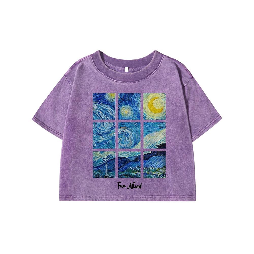 

Романтическая печать картины звездного неба Женская стирка Короткая футболка Дышащая футболка с открытым животом Дистресс Круглый вырез Одежда M