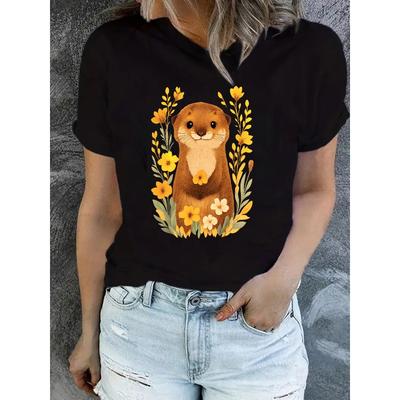 Women's Retro Otter Floral Daisy Print T-Shirt Crew Neck Short Sleeve Regular Fit Soft All-Season Machine Washable Casual Top