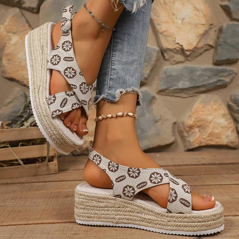 Cross Strap Espadrille Platform Sandals for Women Bohemian Floral Print Wedge Sandals Woman Summer Thick Sole Casual Beach Shoes