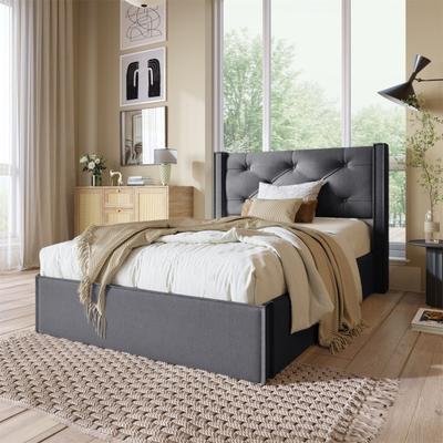 Hydraulic Single Bed Upholstered Bed 90x200cm, Bed with Slatted Frame, Modern Bed Frame with Storage Space, Gray