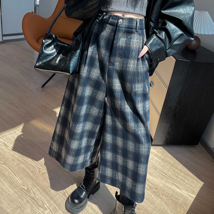 Pantaloni da donna in pile a quadri a gamba larga invernali casual dritti
