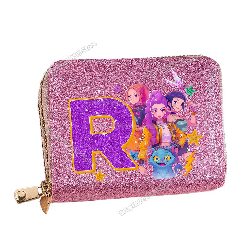 Korean Pop Demon Hunters Letter A-Z Women Short Wallet Bling Sequin Pu Leather Wallets Zipper Coin Purse ID Card Holder Girl Purse
