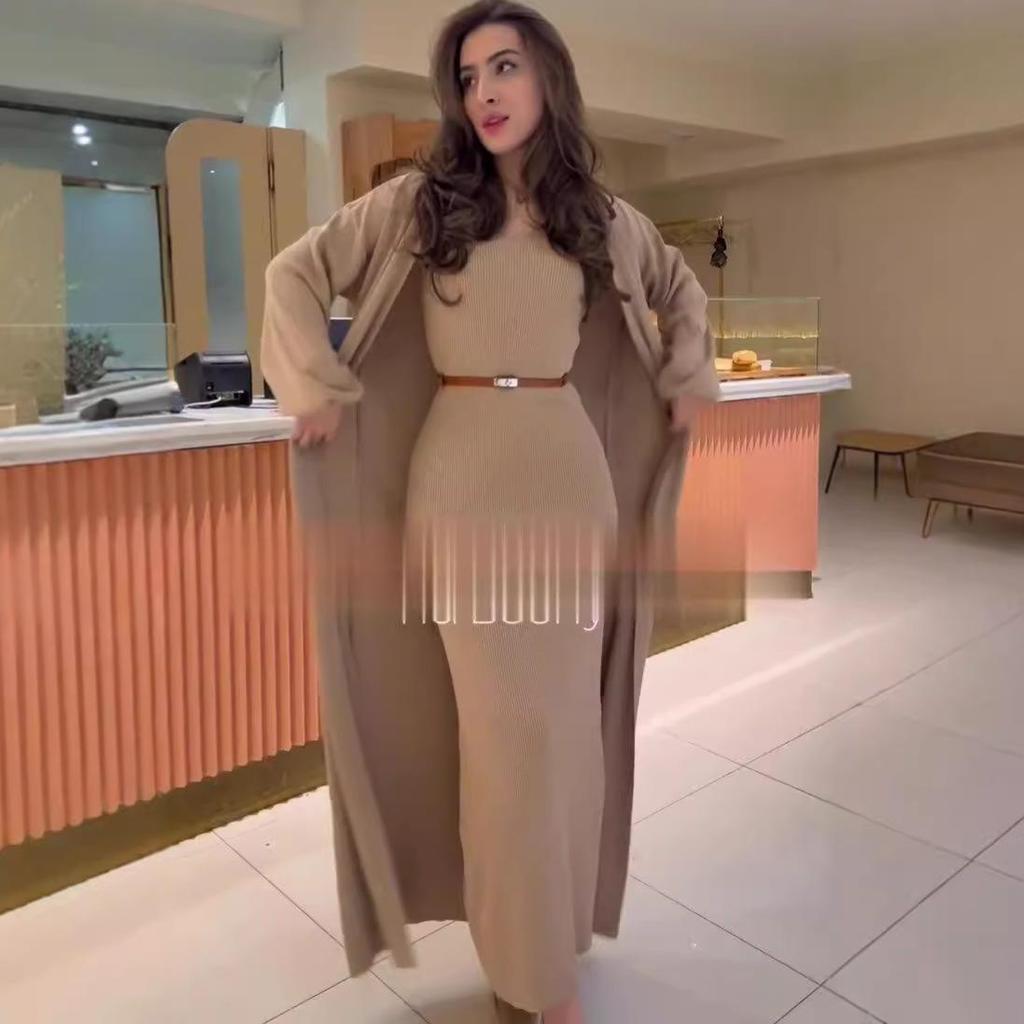 2023 Herbst Europäischer & Amerikanischer Einfarbiger Slim Strickpullover Überknie Langes Kleid Set für Damen