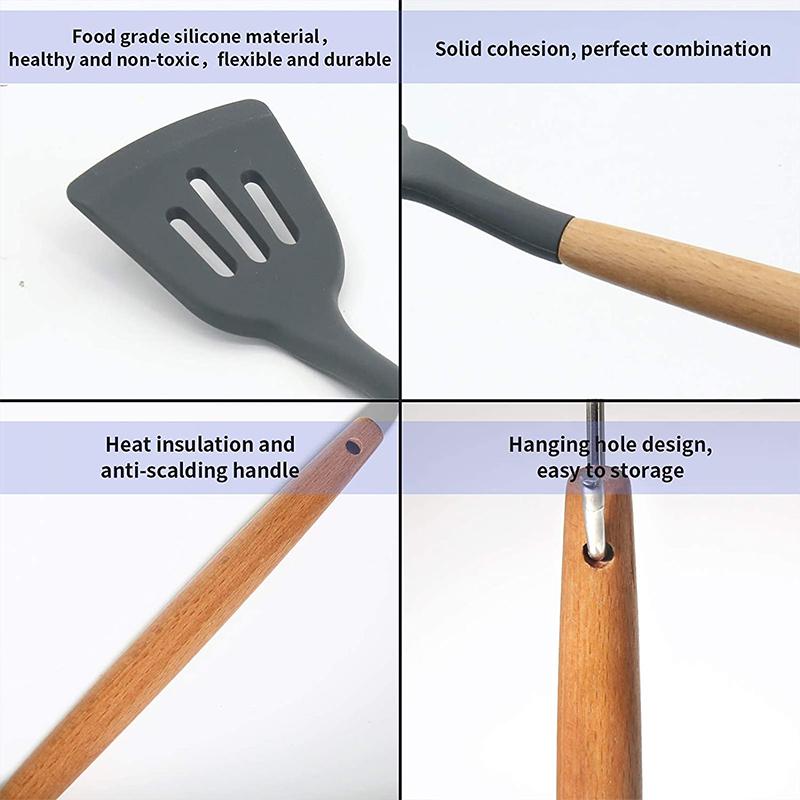 Non-Stick Silicone Slotted Spatula Turner Heat Resistant Cooking Shovel Scoop Skimmer Turner with Wooden Handle Pancakes Spatula