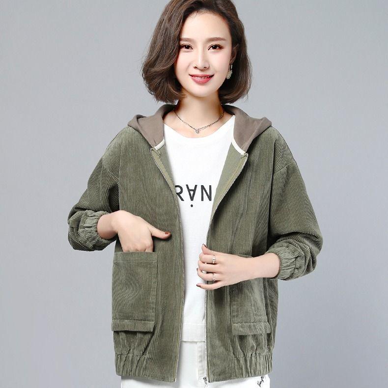 2024 Autumn Women's Plus Size Hooded Corduroy Jacket - Korean Style