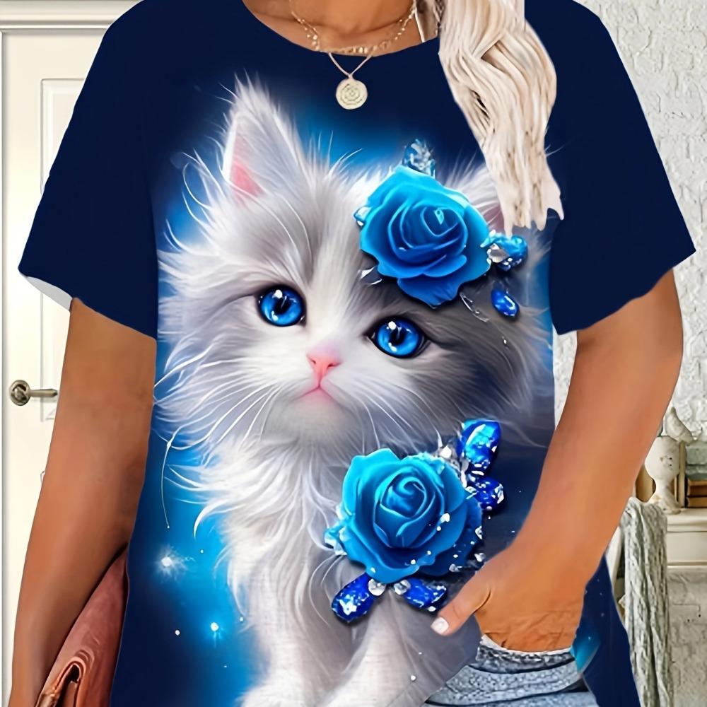 Blue Rose White Cat Printed T-shirt for Women