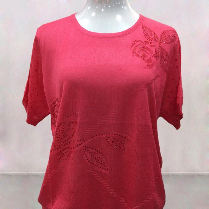 Women's Casual Knit T-shirt Round Neck Short Sleeve Hollow Out Top with Rhinestone Floral Pattern
