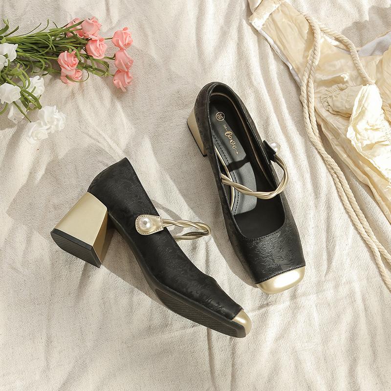 

Кожаные балетки для женской обуви Хуэйчжоу, та же модель, туфли Мэри Джейн, высокий каблук, квадратный носок, весенние новые одинарные туфли 34 чёрный