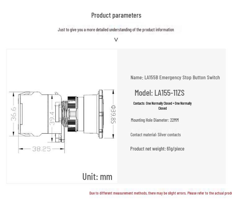 Emergency Stop Button Switch, No Light, 22MM, One Open/One Close, Silver Contact, Copper Parts, LA155B-11ZS.