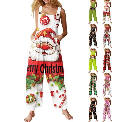 Women's Cute Printed Casual Loose Retro Overalls Cotton And Linen Jumpsuit