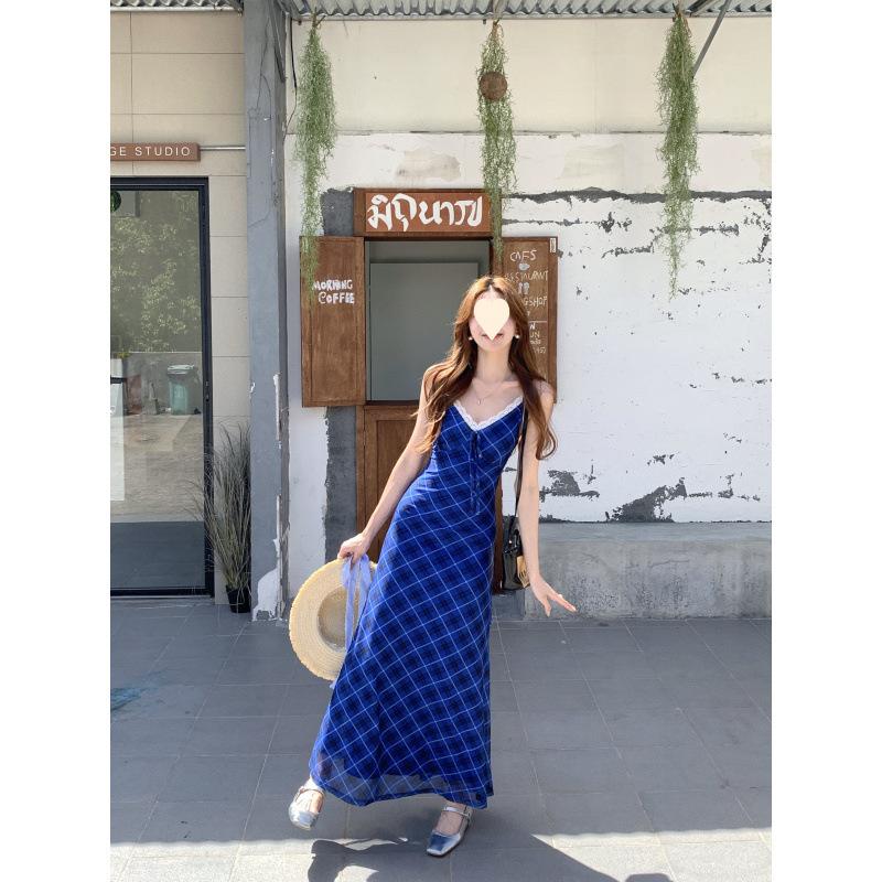 Retro plaid suspender dress summer new fashion Spice Girl style design sense slim dress women