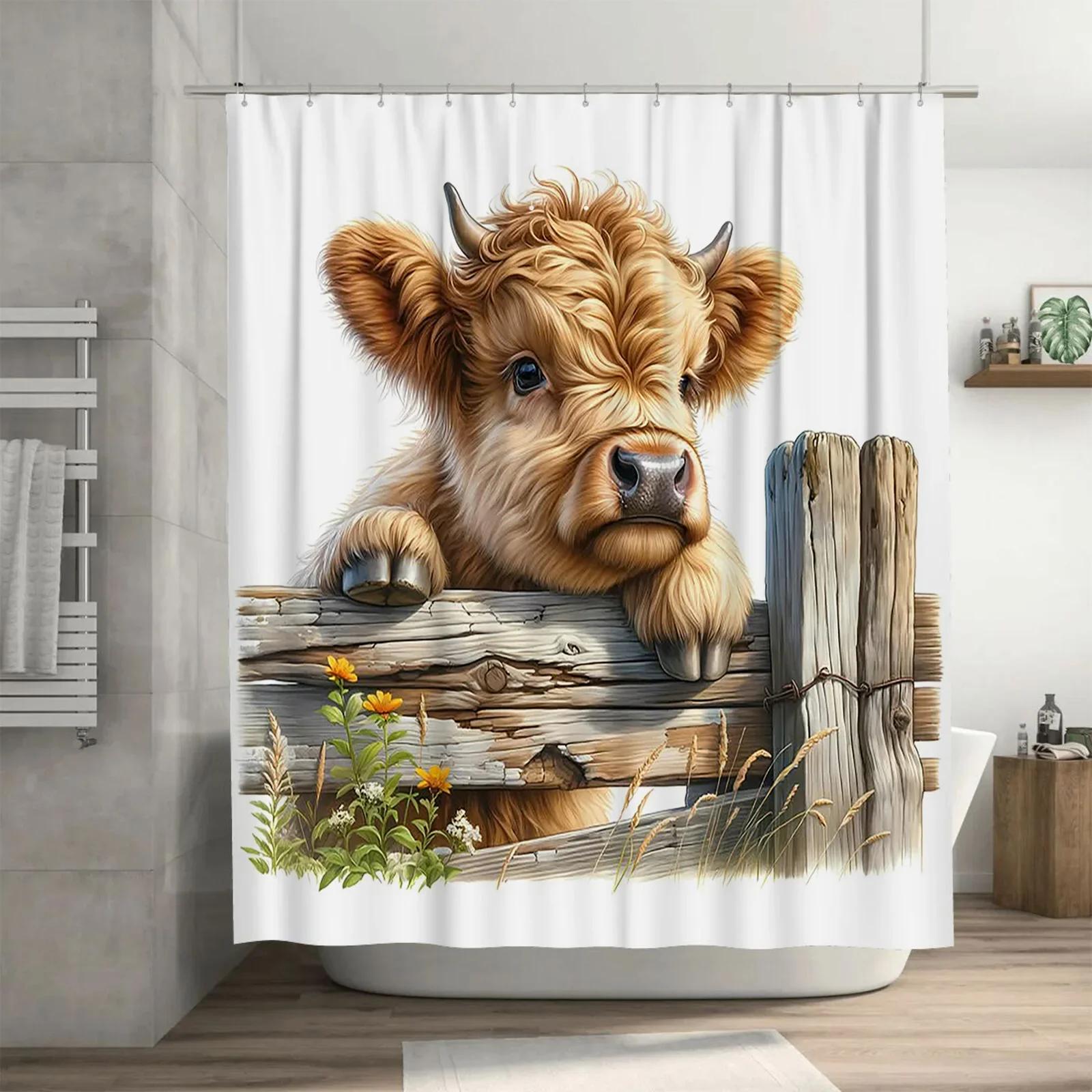 Dunika Chen Cute Highland Cow Waterproof Shower Curtain Heat Resistant Machine Washable Non-Transparent 180X180cm