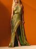 European and American Women's Metallic Pleated Slit Halter Dress 8155 - Sleeveless & Backless