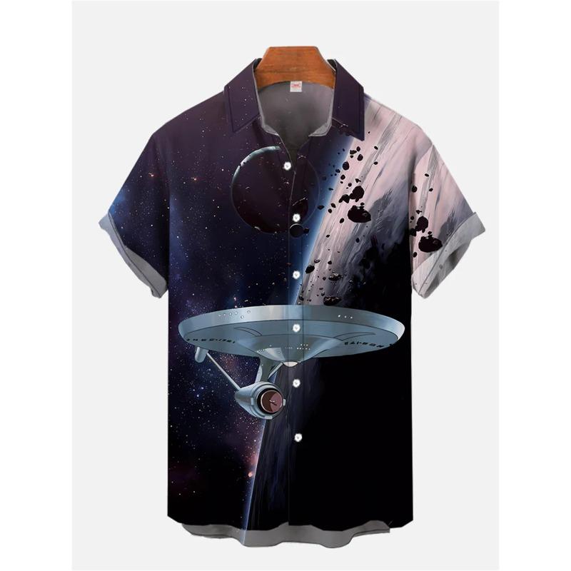 Spaceship Print Men's Short Sleeve Shirt Comfortable Casual Hawaiian Men's Lapel Top Large Size Loose Men's Shirt