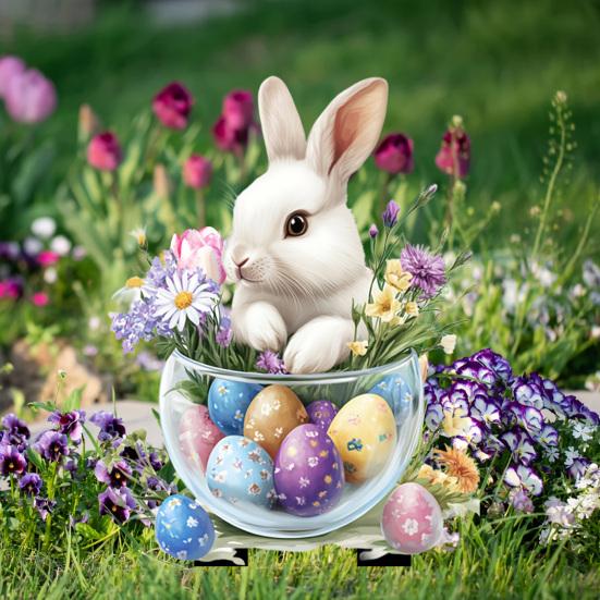 Easter Bunny Garden Stakes Outdoor Decor, 2D HD Printing Acrylic Rabbit & Colorful Eggs Ornaments with Weatherproof Design, Easy-Insert Spike