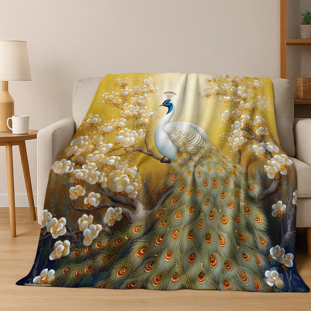 Exquisite Peacock Bird Animal Flannel Blanket Soft Warm Blanket for Bedroom Room Living Room Office Travel Camping Picnic Gift