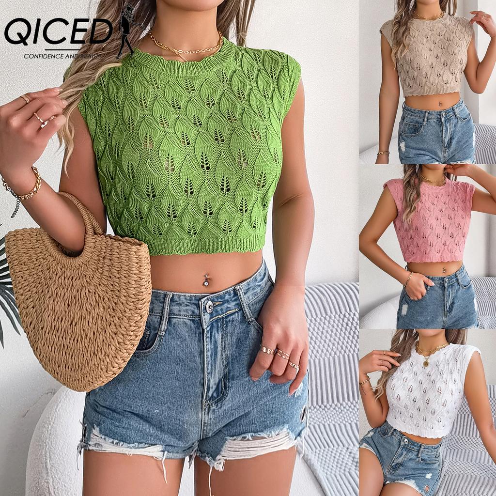 QICED Spring Summer Hollowed-out Leaf Crop Crop Knit Top for Women's Vacation