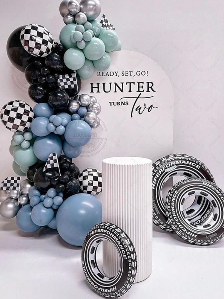 109Pcs Race Car Theme Balloon Garland Arch Kit Blue Black Latex Balloons Checkered Flag Boy's Birthday Party Baby Shower Decor