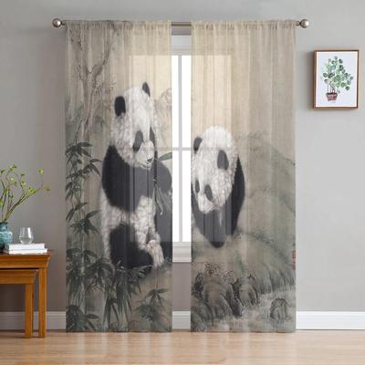 Tierischer süßer Panda, Bambus-Tintenmalerei, durchsichtige Vorhänge für Wohnzimmer, Tüll-Vorhang für Schlafzimmer, Küche, Fenster, Voile-Vorhänge