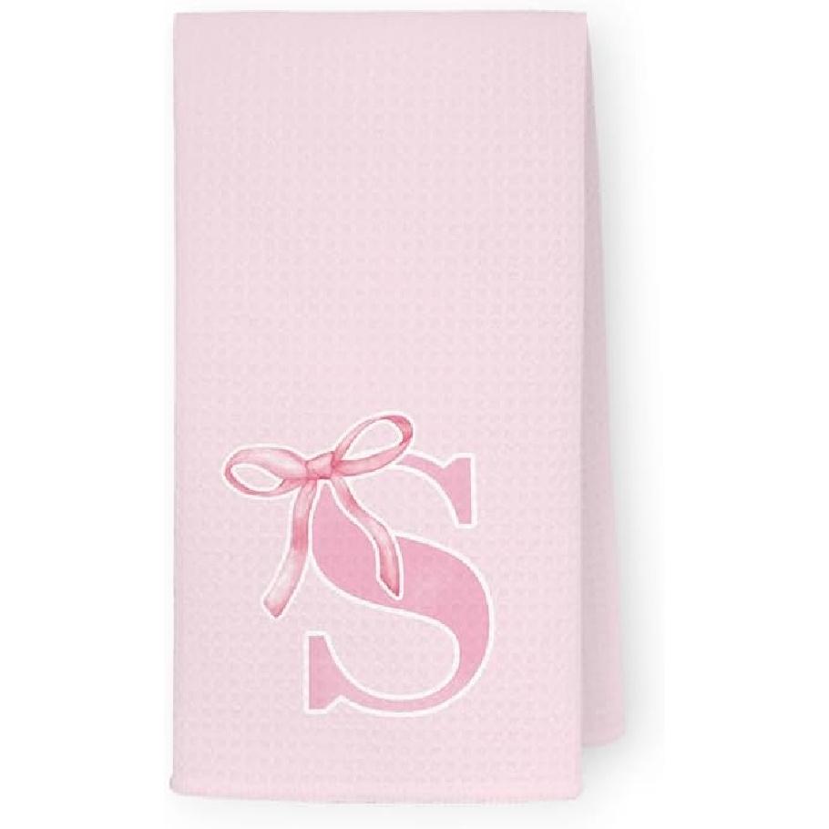 Coquette Pink Bows Personalized Kitchen Towels, Initial K Letter Decor, Pink Monogrammed Hand Towels for Bathroom, Sweet Dish Towels for Kitchen