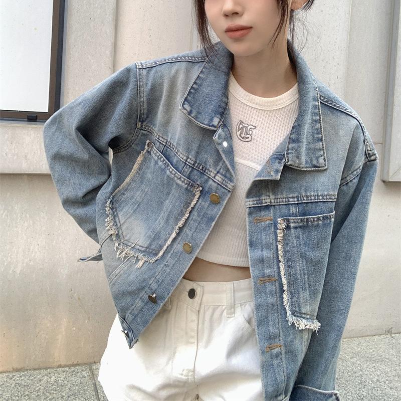 

Джинсовая куртка больших размеров для женщин, весна-осень, шикарная, ретро, повседневная, короткая, с необработанным краем, куртка Tide XL синий
