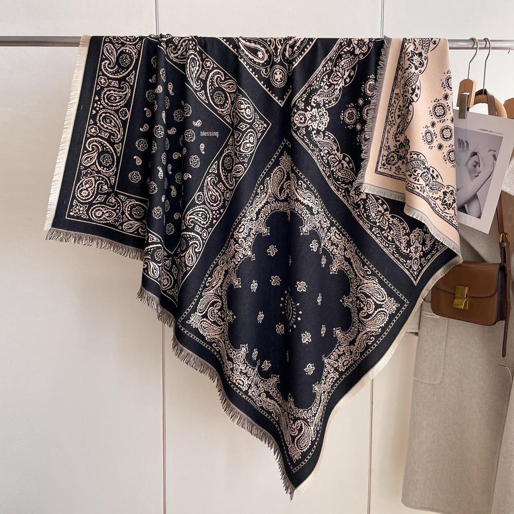 Luxury Imitation Cashmere Shawl: 140cm Square, Warm & Thick with Short Tassels