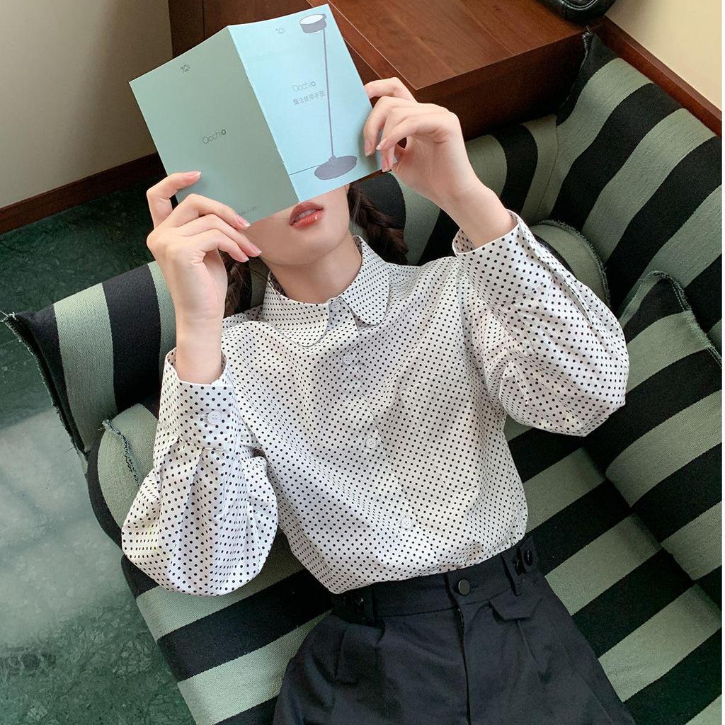 Unisex 2026 Polka Dot Round Collar Shirt - Casual Lazy Style Long Sleeve Top