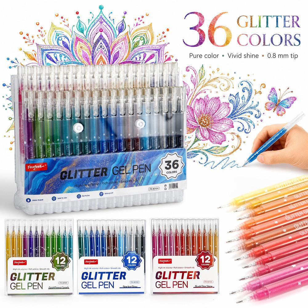 Colorful Glitter Gel Pens 12/36pcs Set 0.8mm Fine Point Vibrant Sparkle Highlighter Liner Stackable Shimmer Pattern