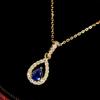Teardrop Blue Stone Halo Paved Pendant Thin Link Chain Necklace Elegant Mature Women Jewelry