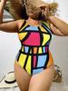 1011 new European and American color geometric shape splicing bikini, backless tight plus size one-piece swimsuit