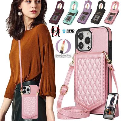 Crossbody Lanyard Flip Mirror Card Holder Leather Wallet Case For Samsung S23 S22 S21 S20Ultra Plus A13 A53 A54/iPhone 15 14Plus 13 12 11Pro Max XSMax