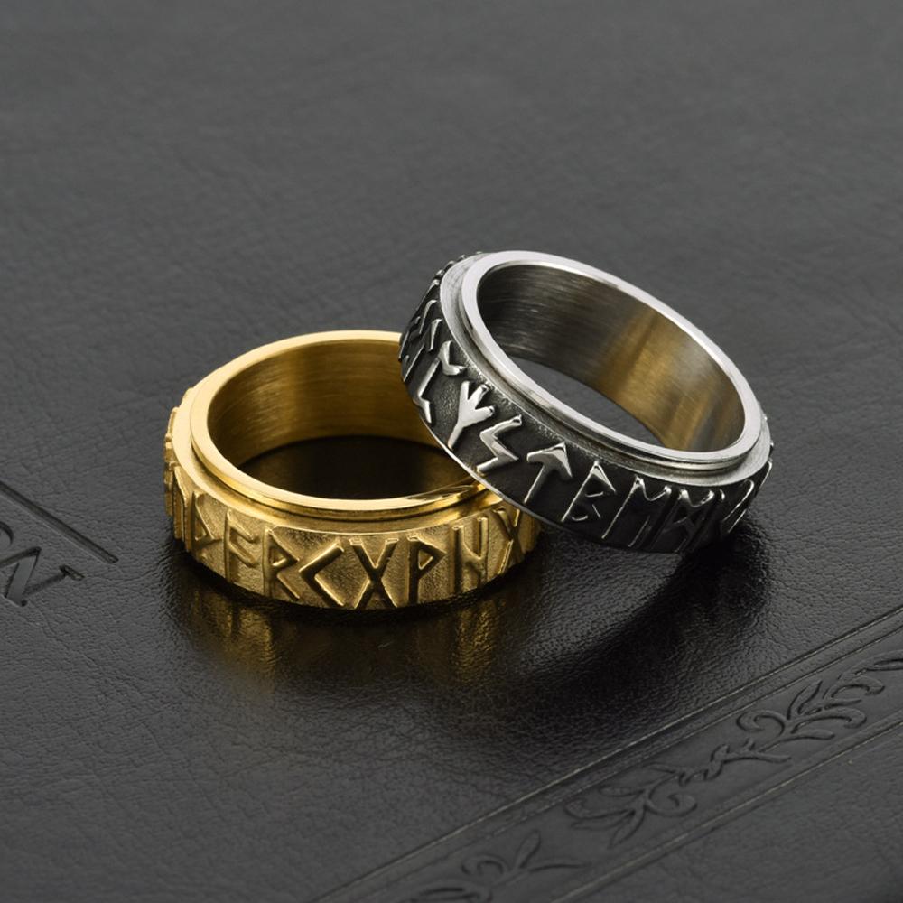 Men's Viking Rune Stainless Steel Rotating Ring Adjustable Norse Spinner Jewelry Black Retro  Band Gift for Him