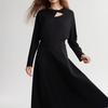 ELLE French Design Minimalist Solid Color Dress With Hollow Long Sleeve Midi Dress Women dresses Black EL48992