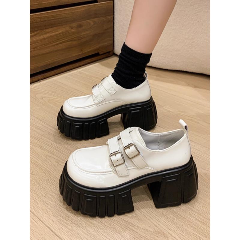 

Fashion Leather Shoes Women 8CM British Style Metal Chain Ladies Platform Shoes 34-39 Large-Sized Home Office Dress Loafers 34 белый