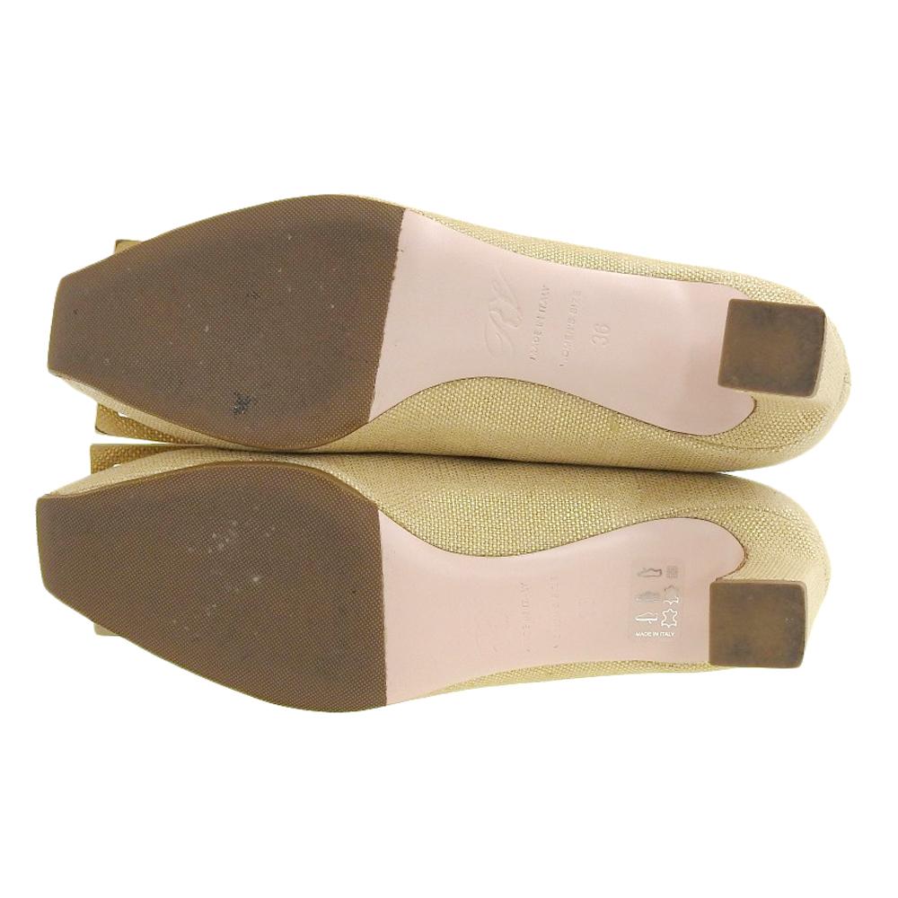 Roger Vivier Excellent condition square metal buckle canvas square toe chunky heel pumps beige x gold size 36 shoes 36 Beige / goldUsed