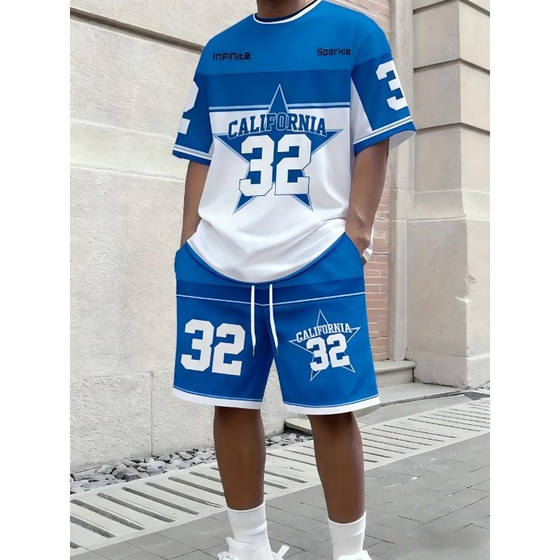

summer men s letter printed comfortable and breathable round neck T-shirt drawstring shorts set for outdoor casual wear L