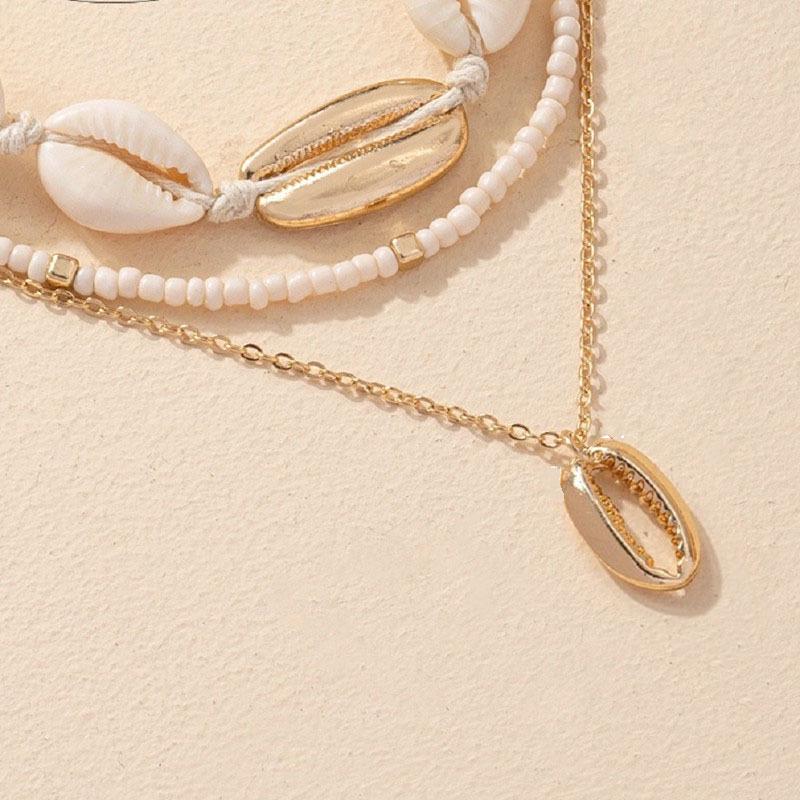 Bohemian Style Multi-Layer Clavicle Chain Necklace with Seed Beads and Shell Pendant for Women