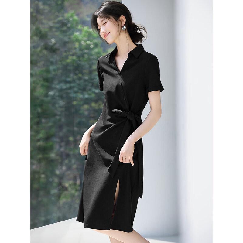 Women's Casual V-Neck Button-Up Belted Midi Dress