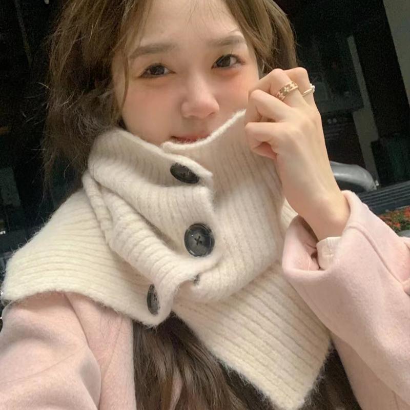 Korean Style Button Scarf Women Autumn And Winter Retro Warm Neck Collar Knitted Shawl Dual-Purpose Cold-Proof Scarf