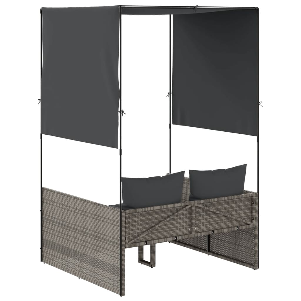 Double Sun Lounger with Canopy and Curtains Grey Poly Rattan