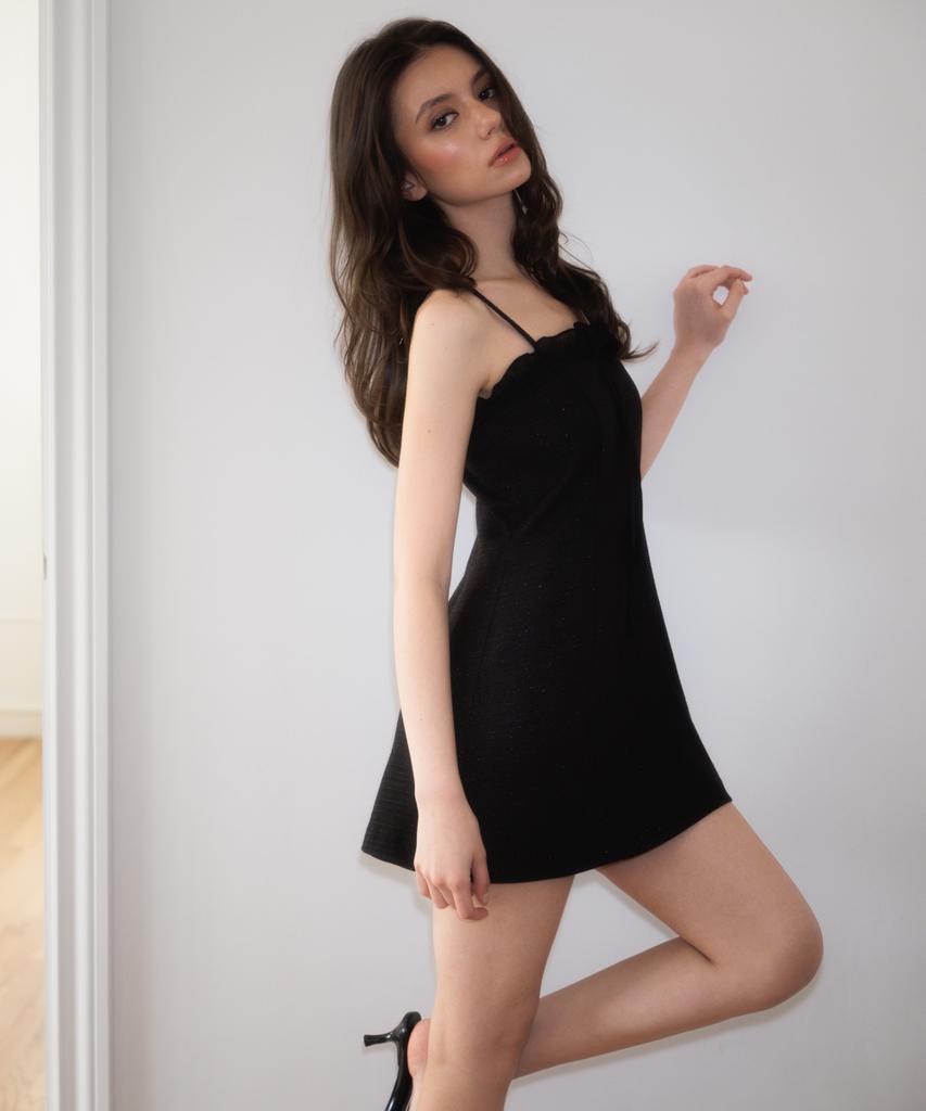 Rose Franz Tweed Ribbon Tie Mini Dress [Black]