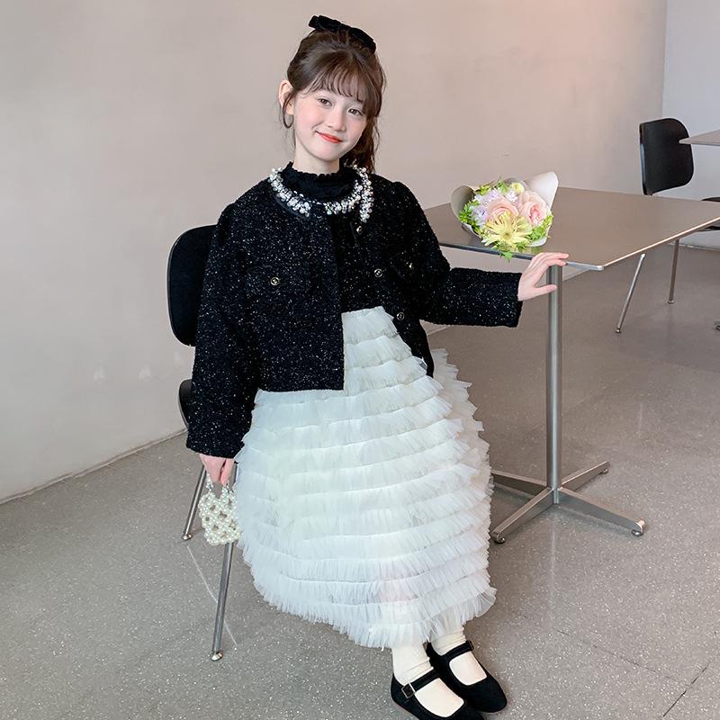 2025 Girls' Autumn Princess Cake Dress Set - Little Fragrant Style with Gauze