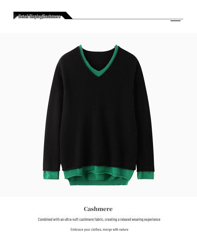 Korean Style V-Neck Color Block Cashmere Knit Women's Base Layer - Loose Fit & Slimming for Autumn/Winter