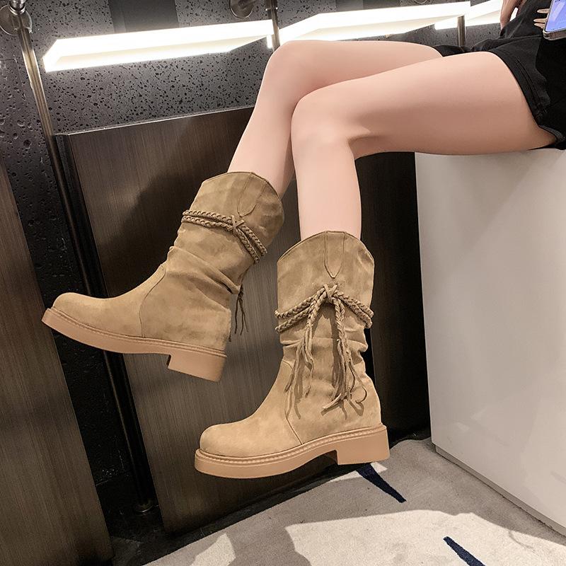 

Женские сапоги с кисточками 2025 новые рыцарские сапоги ретро пустошь ветер толстые каблуки но сапоги до колена на платформе высокие сапоги 42