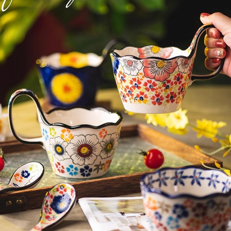 Suppenschalen mit Henkeln, Keramik Teller und Schüssel Sets mit Tasse, Löffel, Polnische Keramik Tasse für Frühstück, Snacks, Dessert, Spülmaschinen- und Mikrowellengeeignet